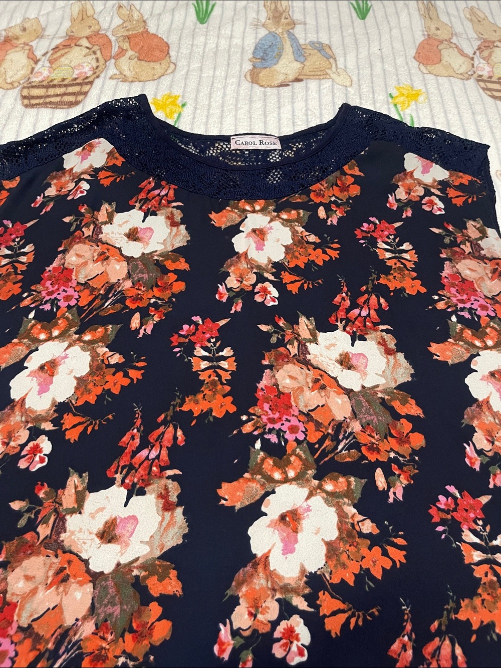 Carol Rose Navy Floral Lace-Trim Blouse with Orange and White Accents